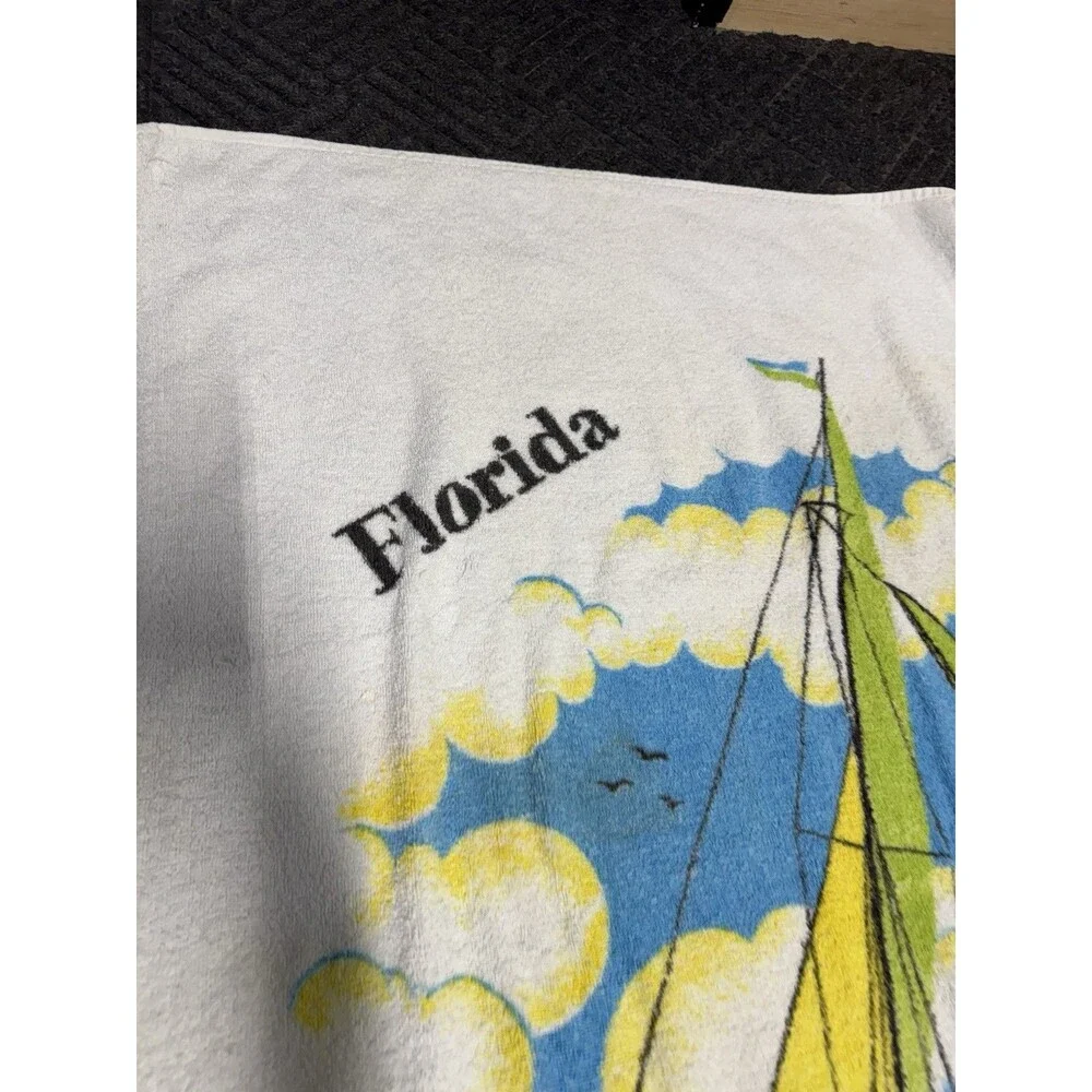 Vintage Sherry MFG Co. FLORIDA Beach Towel Sail Boat Water Bright Color STAINS